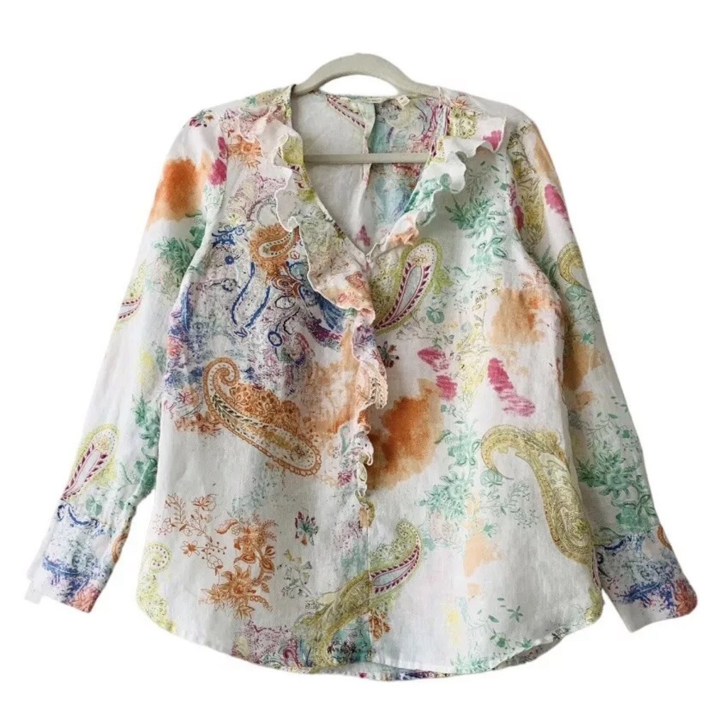 Soft Surroundings 100% Linen Ruffled Paisley Tunic Top Women’s M Cottagecore
